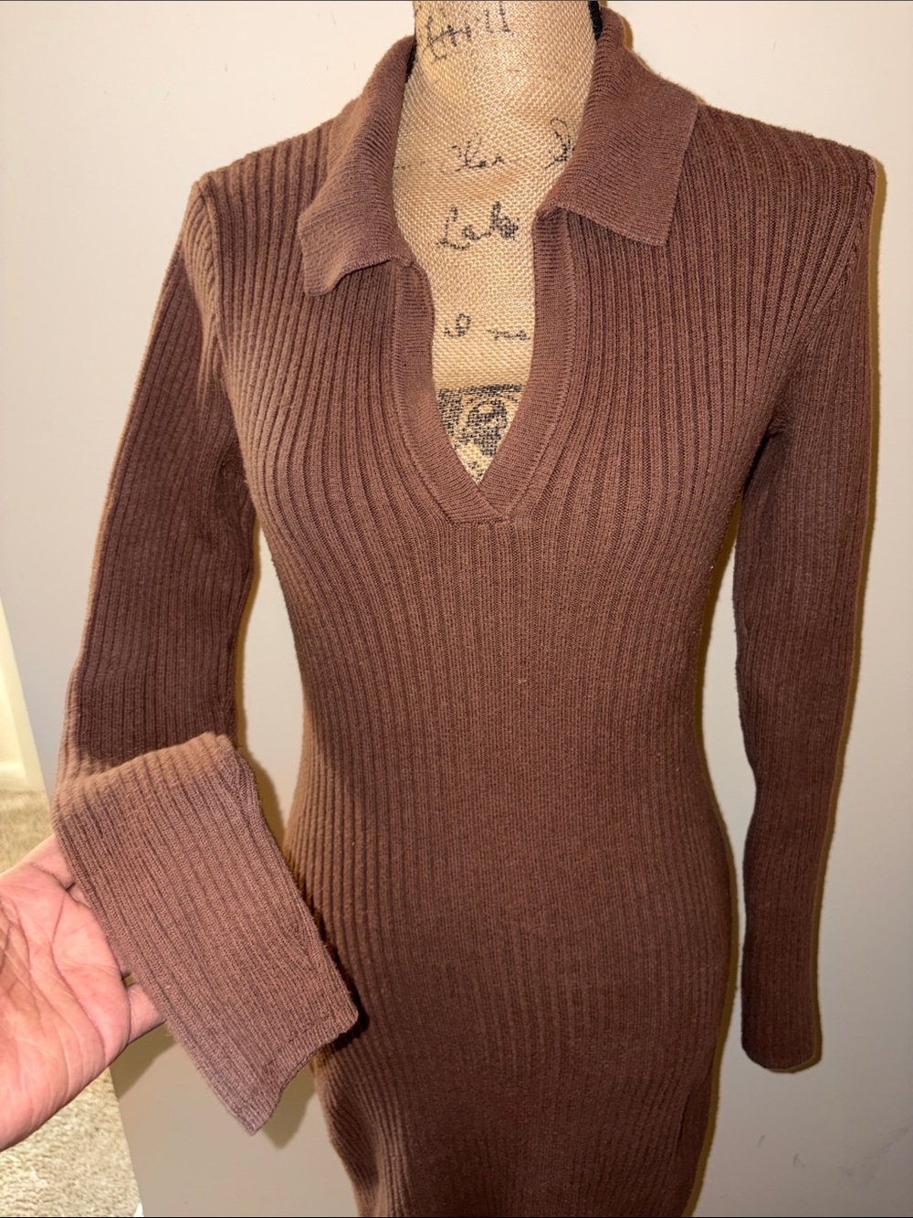 Hollister Chocolate Brown Ribbed V-Neck Sweater Dress
